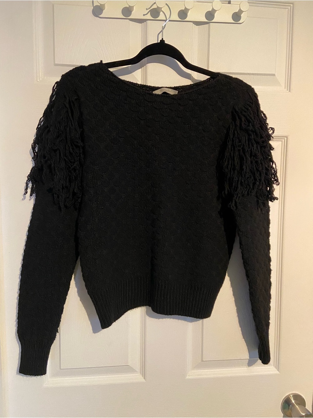Black Fringe Shoulder Knit Sweater - Women